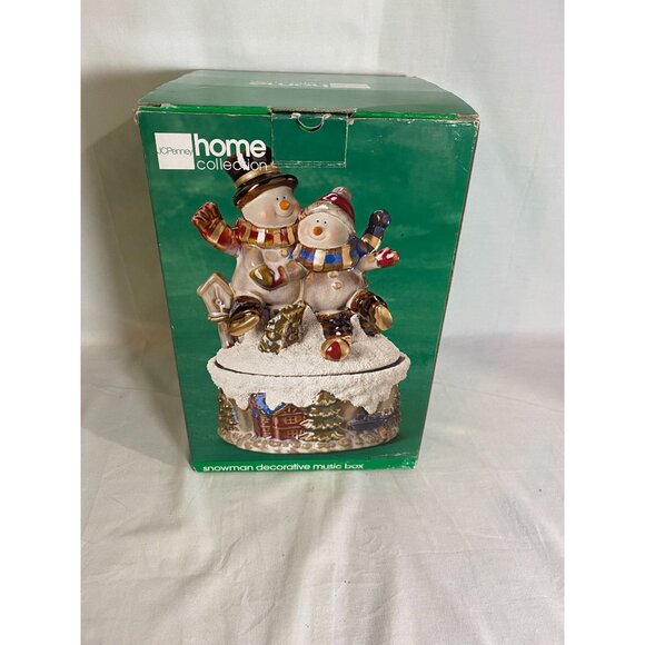 JC Penny Home Collection Snowman Reactive Glaze Porcelain Wind-Up Music Box W Bo - Picture 1 of 15